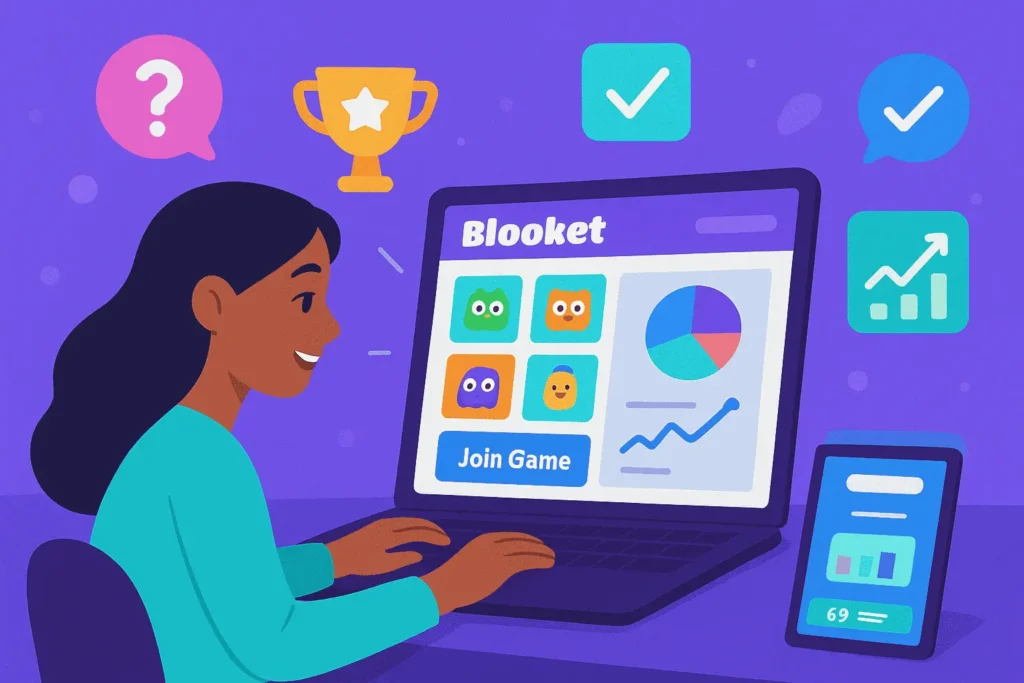 Blooket Dashboard Market interface showing game analytics and student engagement