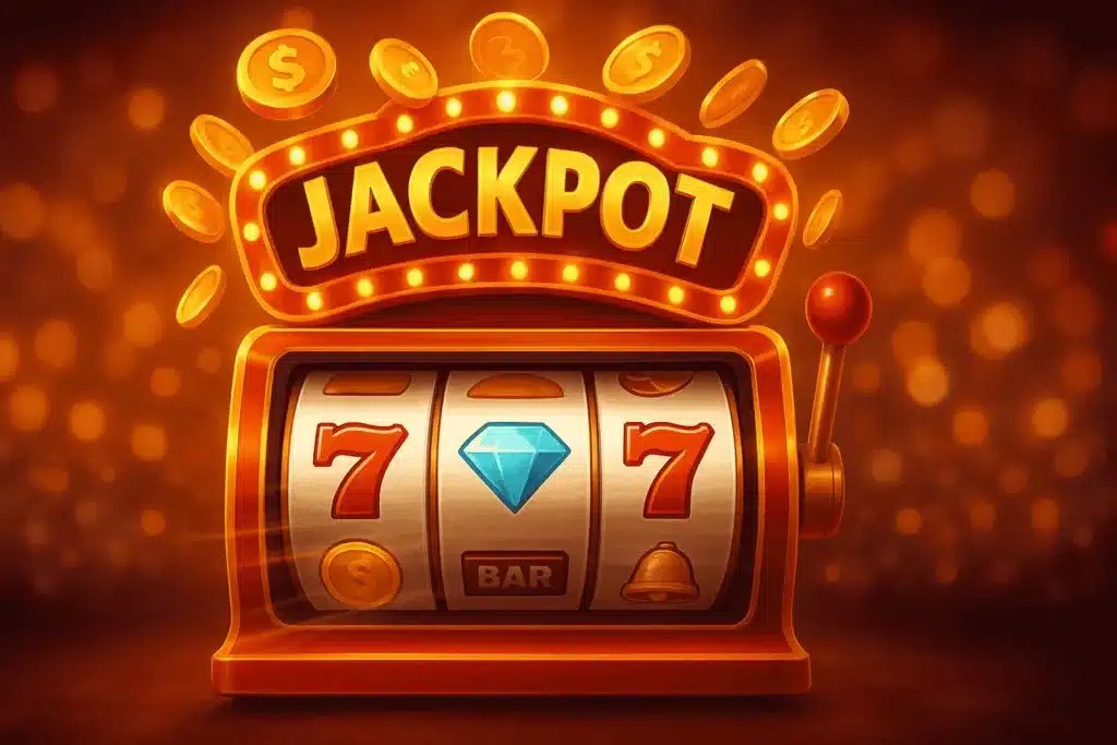 Colorful slot gaming reels spinning with jackpot symbols displayed