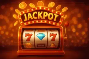 Colorful slot gaming reels spinning with jackpot symbols displayed