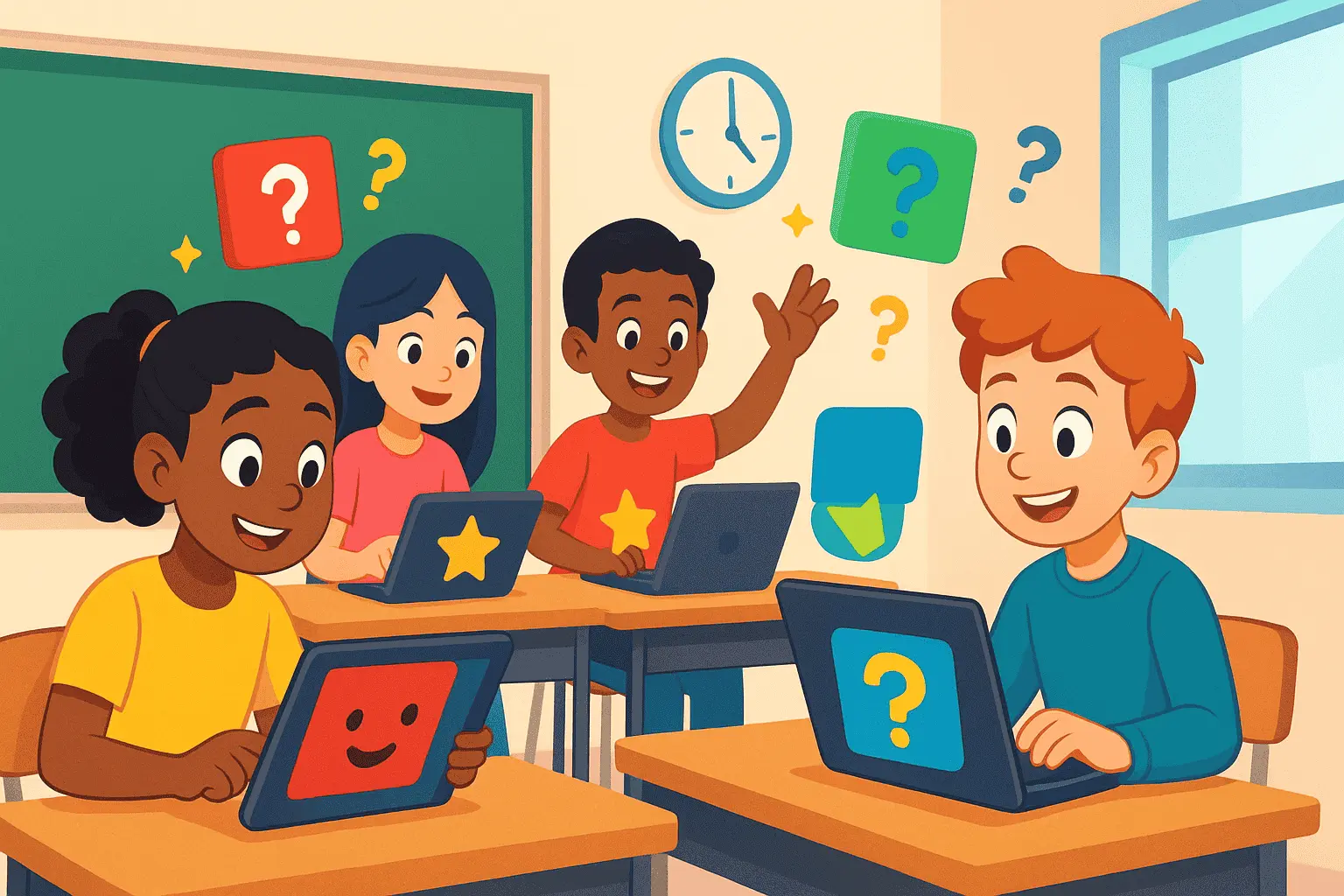 Students playing blooket games on tablets in classroom