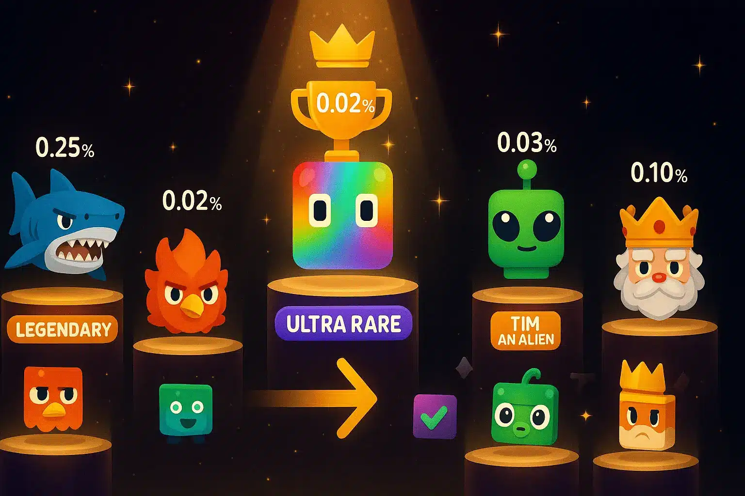 Rarest Blook in Blooket showing legendary characters and drop rates